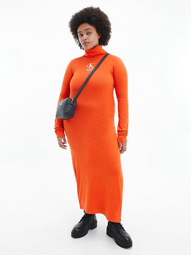 Orange Calvin Klein Jersey Roll Neck Maxi Women Dress | GHOR-38416
