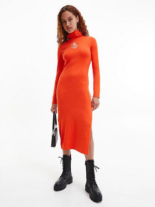 Orange Calvin Klein Jersey Roll Neck Maxi Women Dress | GHOR-38416