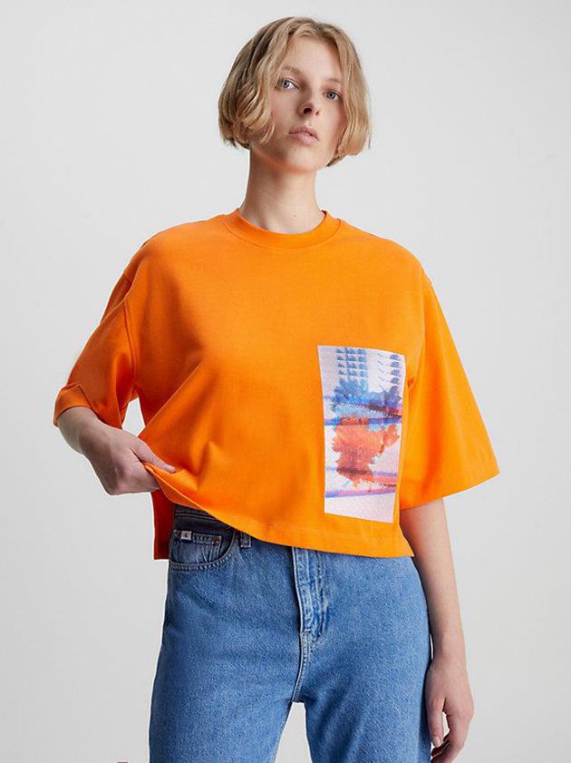 Orange Calvin Klein Relaxed Embroidered Women T-Shirt | FPLS-35219