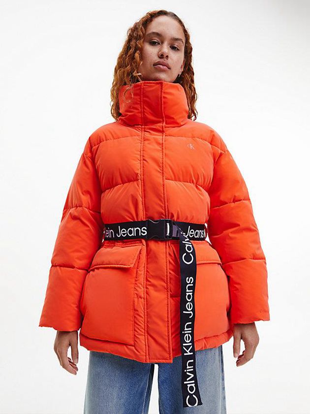 Orange Calvin Klein Soft Touch Belted Puffer Women Jacket | XEOA-75469