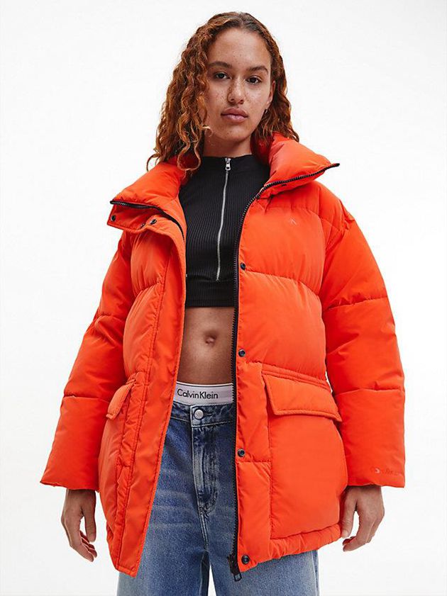 Orange Calvin Klein Soft Touch Belted Puffer Women Jacket | XEOA-75469