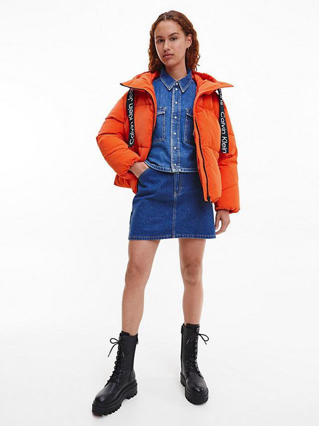 Orange Calvin Klein Soft Touch Logo Tape Puffer Women Jacket | OMHZ-34297
