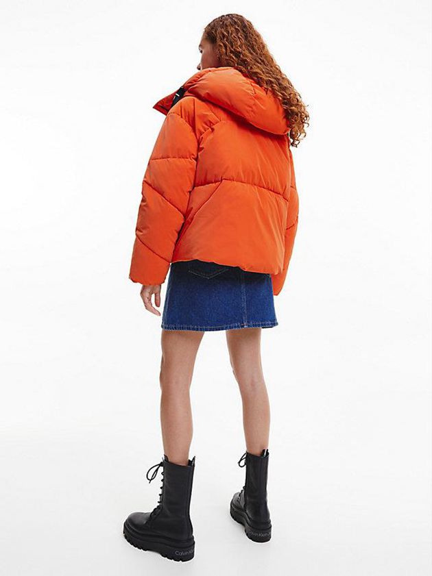 Orange Calvin Klein Soft Touch Logo Tape Puffer Women Jacket | OMHZ-34297