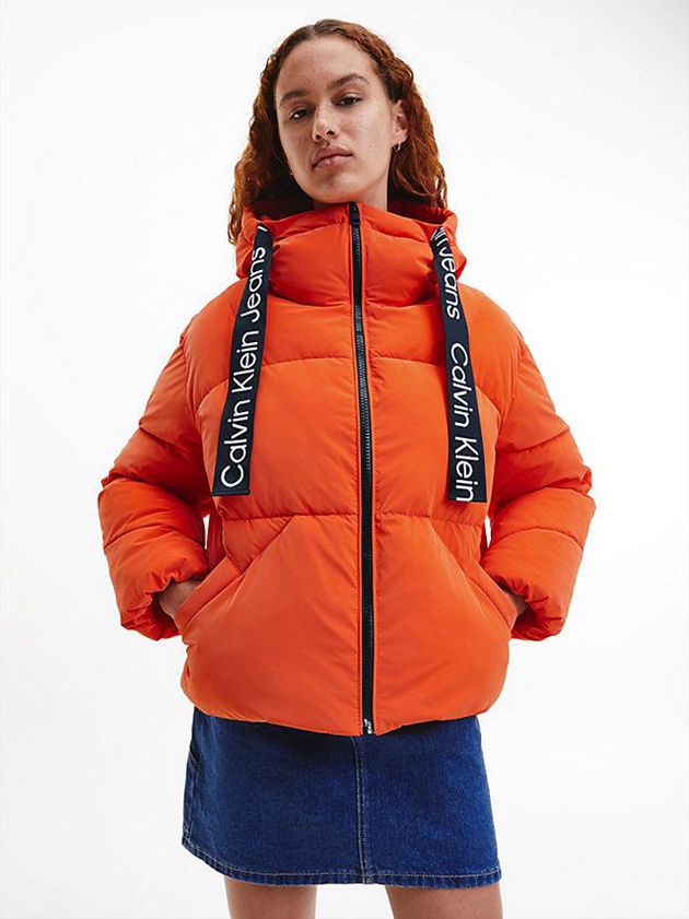 Orange Calvin Klein Soft Touch Logo Tape Puffer Women Jacket | OMHZ-34297