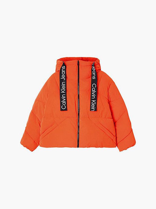 Orange Calvin Klein Soft Touch Logo Tape Puffer Women Jacket | OMHZ-34297