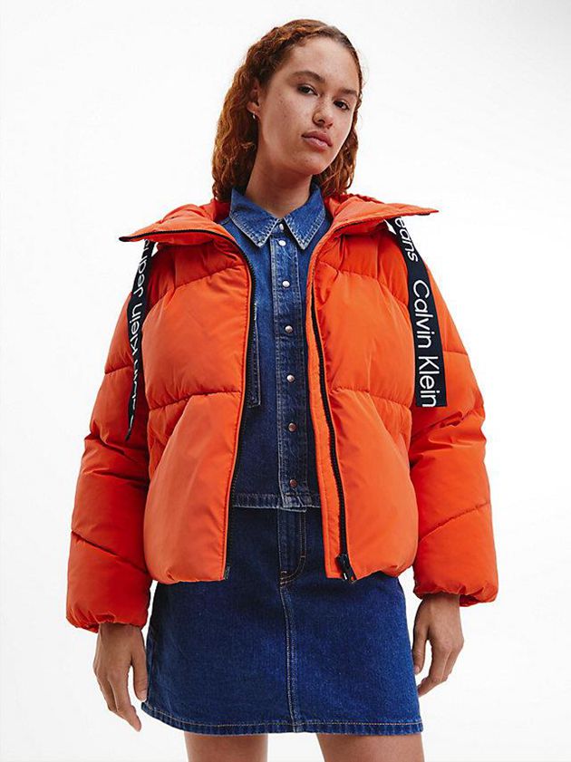 Orange Calvin Klein Soft Touch Logo Tape Puffer Women Jacket | OMHZ-34297