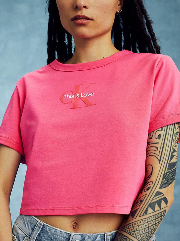 Pink Calvin Klein Cropped Logo - Pride Women T-Shirt | KQLP-34578