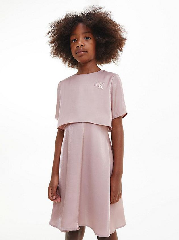 Pink Calvin Klein Metallic Shine Layered Girls's Dress | XQSN-29351