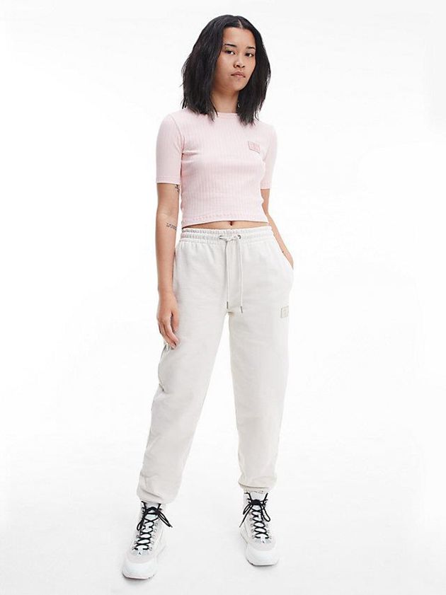 Pink Calvin Klein Slim Cropped Badge Women T-Shirt | BSQX-04915