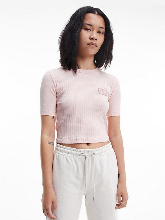 Pink Calvin Klein Slim Cropped Badge Women T-Shirt | BSQX-04915