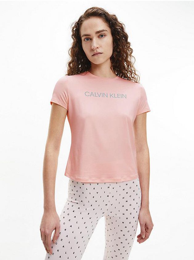 Pink Calvin Klein Slim Logo Gym Women T-Shirt | FKXG-85463