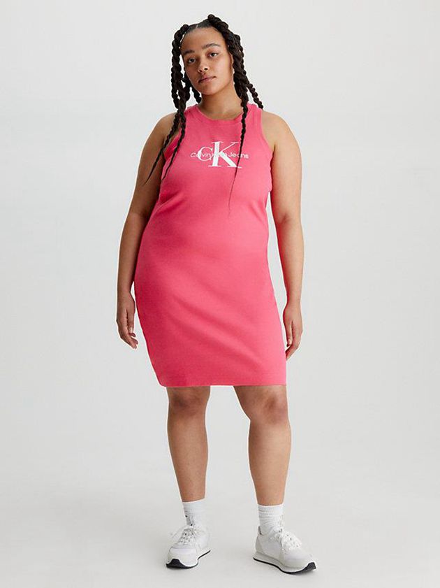 Pink Calvin Klein Slim Ribbed Monogram Tank Women Dress | TPCB-53481