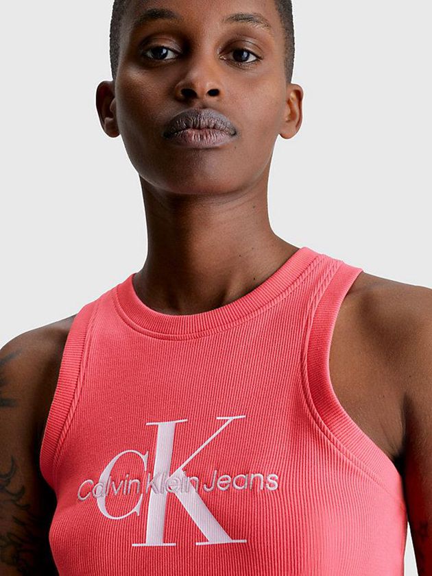 Pink Calvin Klein Slim Ribbed Monogram Tank Women Dress | TPCB-53481