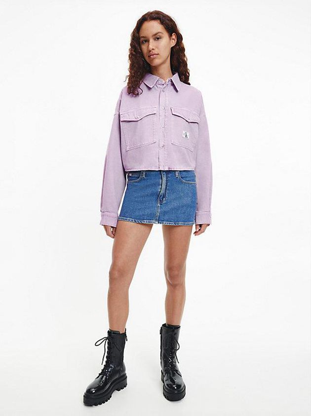 Purple Calvin Klein Oversized Cropped Denim Shirt Women Top | QJDZ-71859
