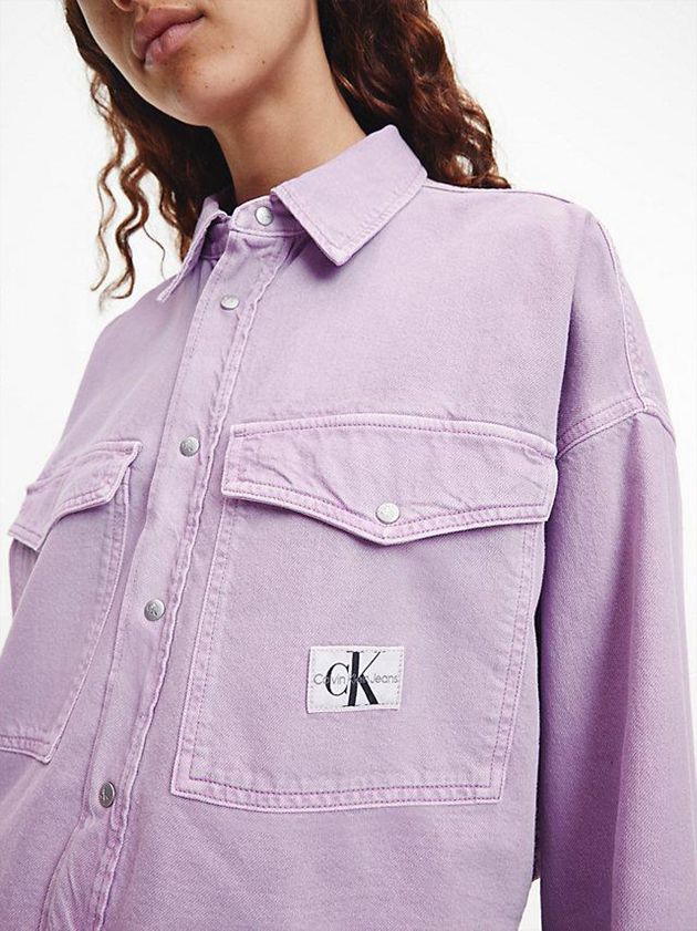 Purple Calvin Klein Oversized Cropped Denim Shirt Women Top | QJDZ-71859