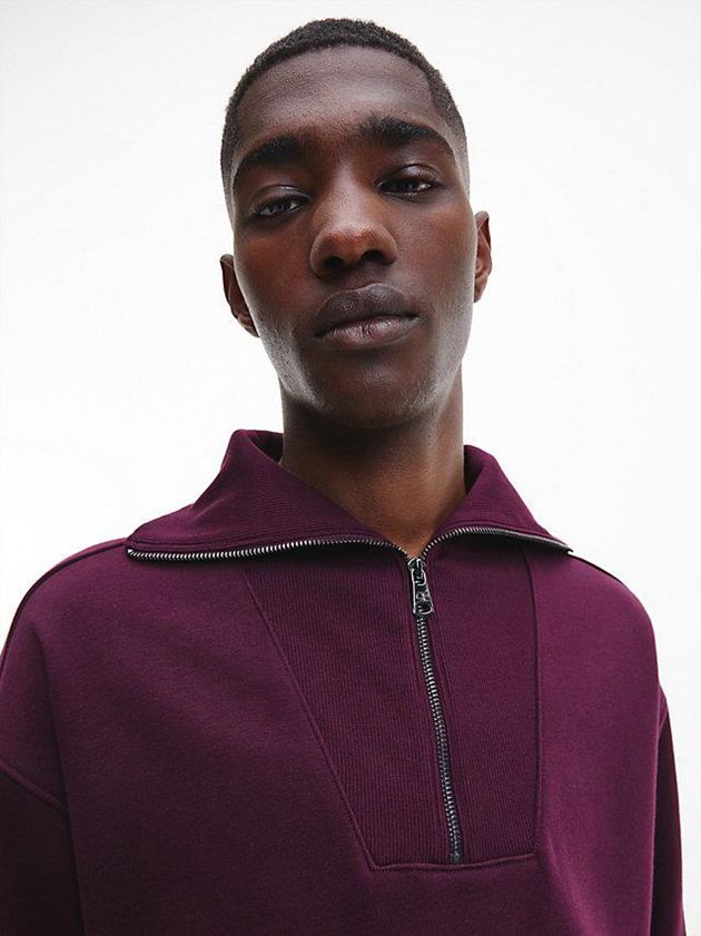 Purple Calvin Klein Relaxed Zip Neck Fleece Men Sweatshirt | FKWS-18642
