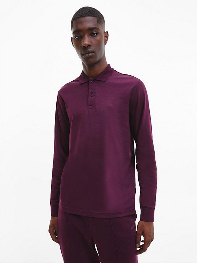 Purple Calvin Klein Slim Long Sleeve Men Polo Shirt | UIOZ-79683