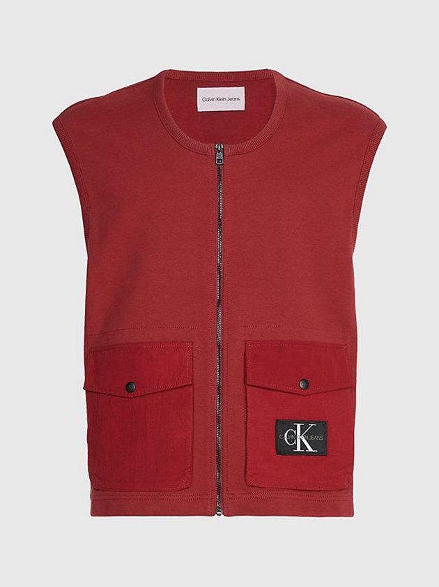 Red Calvin Klein Cotton Terry Zip Up Men Vest | BGXR-87569