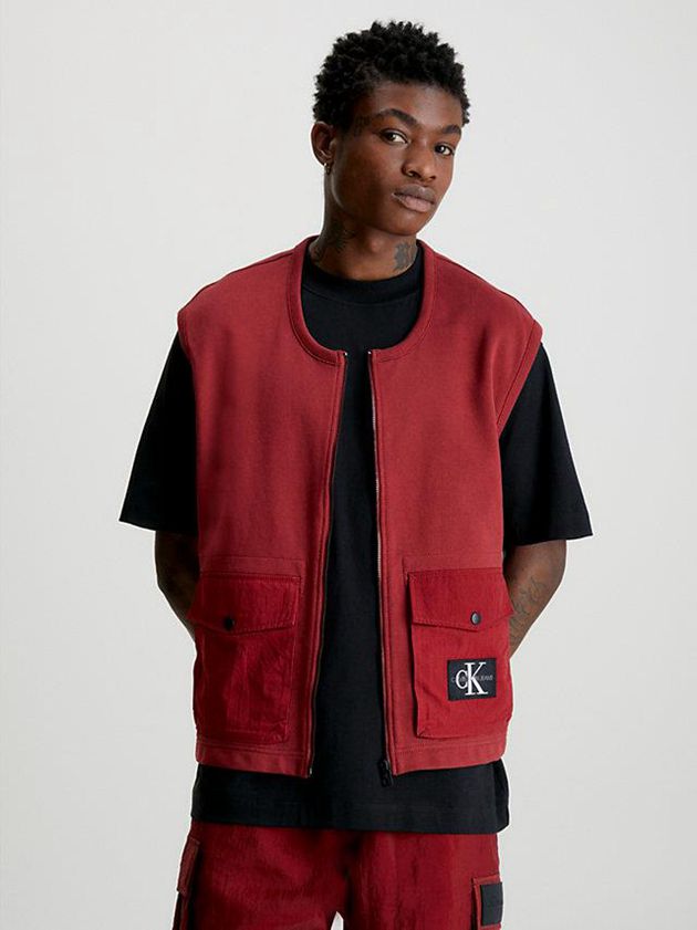 Red Calvin Klein Cotton Terry Zip Up Men Vest | BGXR-87569