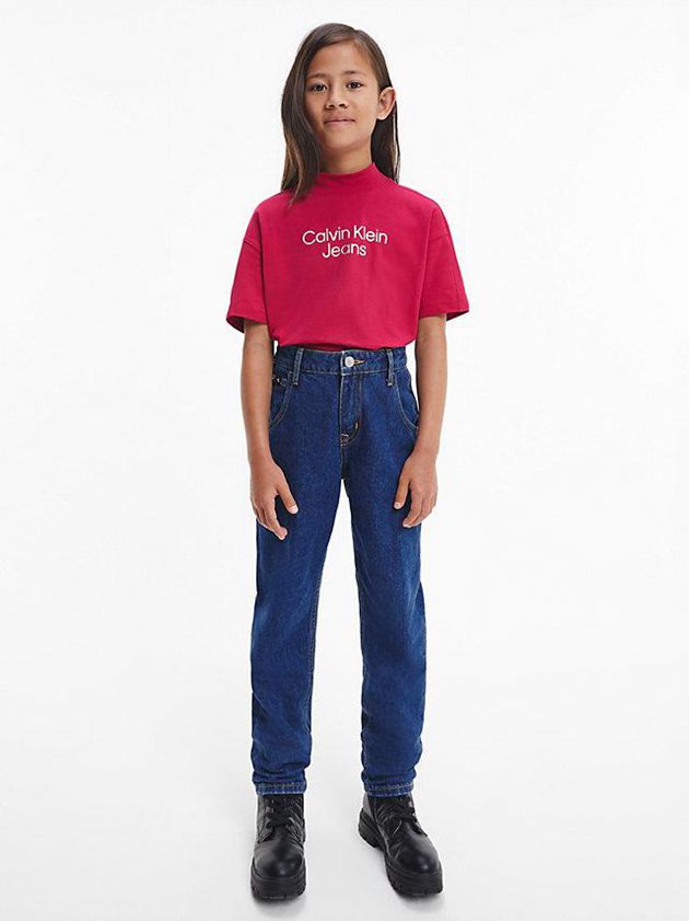 Red Calvin Klein Logo Girls's T-Shirt | SNFZ-25417