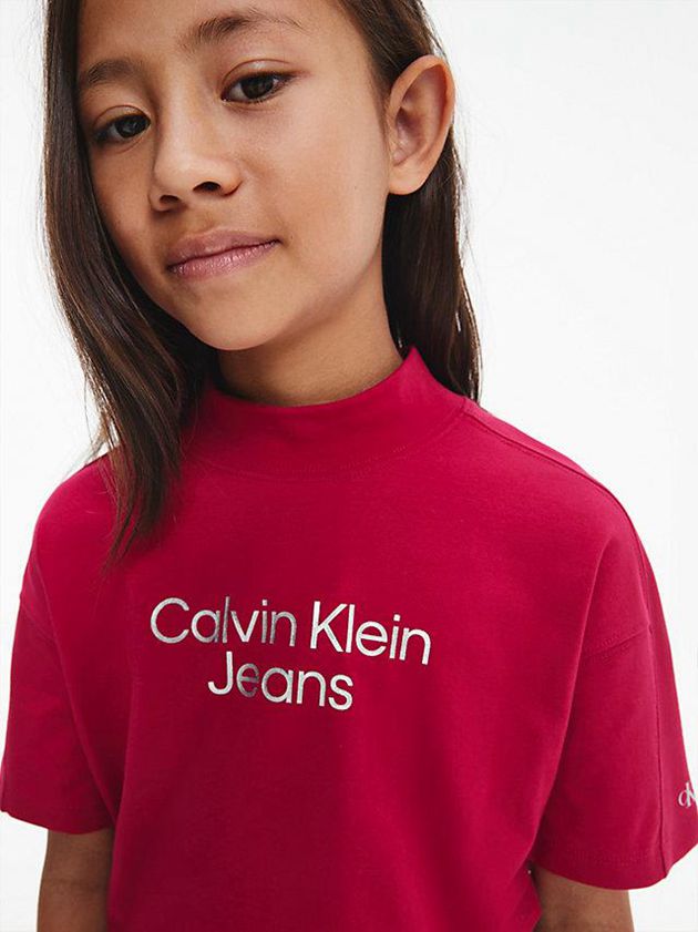 Red Calvin Klein Logo Girls's T-Shirt | SNFZ-25417