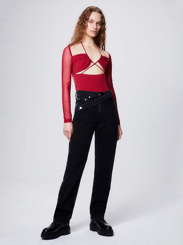 Red Calvin Klein Long Sleeve Cut Out Women Top | NMSG-09872