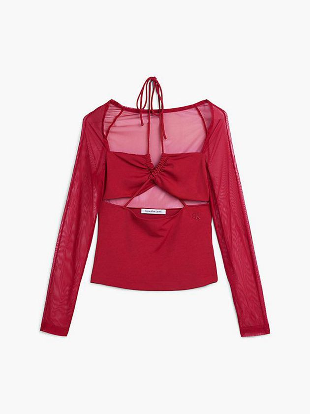 Red Calvin Klein Long Sleeve Cut Out Women Top | NMSG-09872