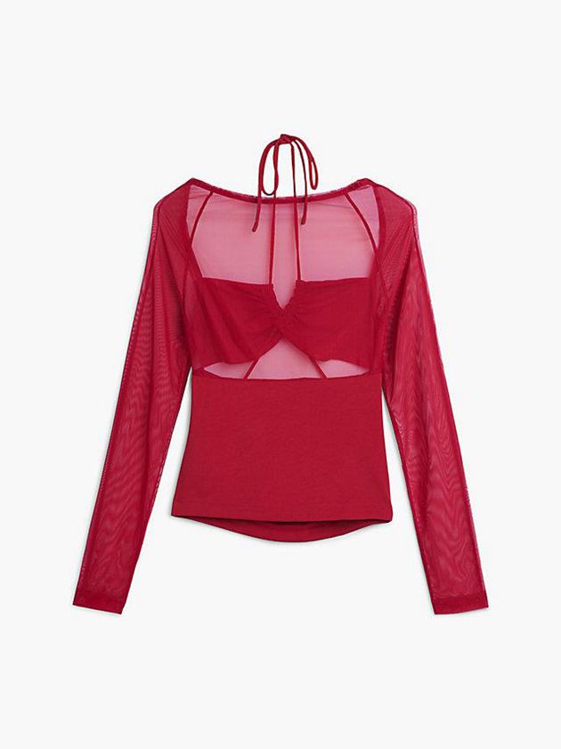 Red Calvin Klein Long Sleeve Cut Out Women Top | NMSG-09872