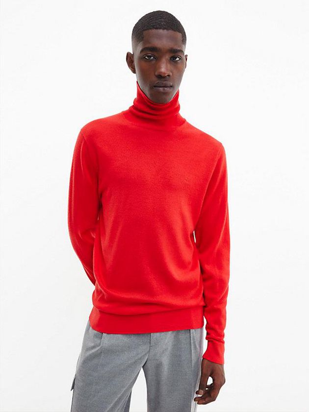 Red Calvin Klein Merino Wool Roll Neck Jumper Men Sweater | JURO-37548