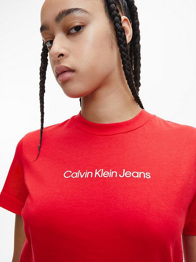 Red Calvin Klein Organic Cotton Logo Women T-Shirt | RMCU-41765
