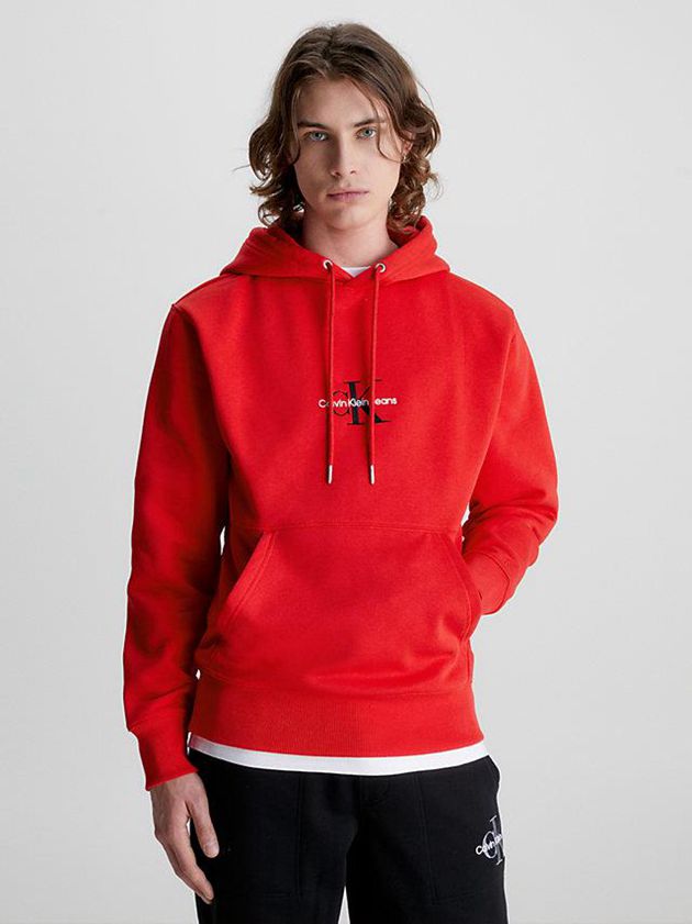 Red Calvin Klein Organic Cotton Monogram Men Hoodie | TASZ-67138