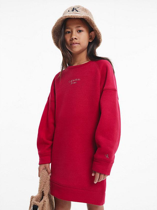 Red Calvin Klein Recycled Polyester Sweatshirt Girls's Dress | TWEF-83649