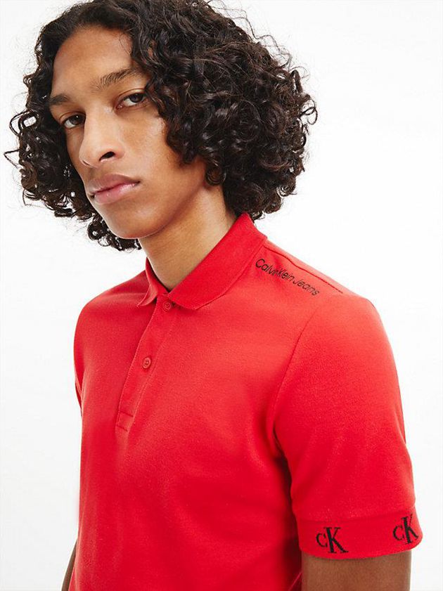 Red Calvin Klein Slim Logo Cuff Men Polo Shirt | AQRP-70195