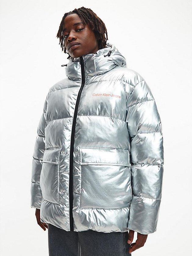 Silver Calvin Klein Unisex Recycled Metallic Puffer Men Jacket | TJPI-39581