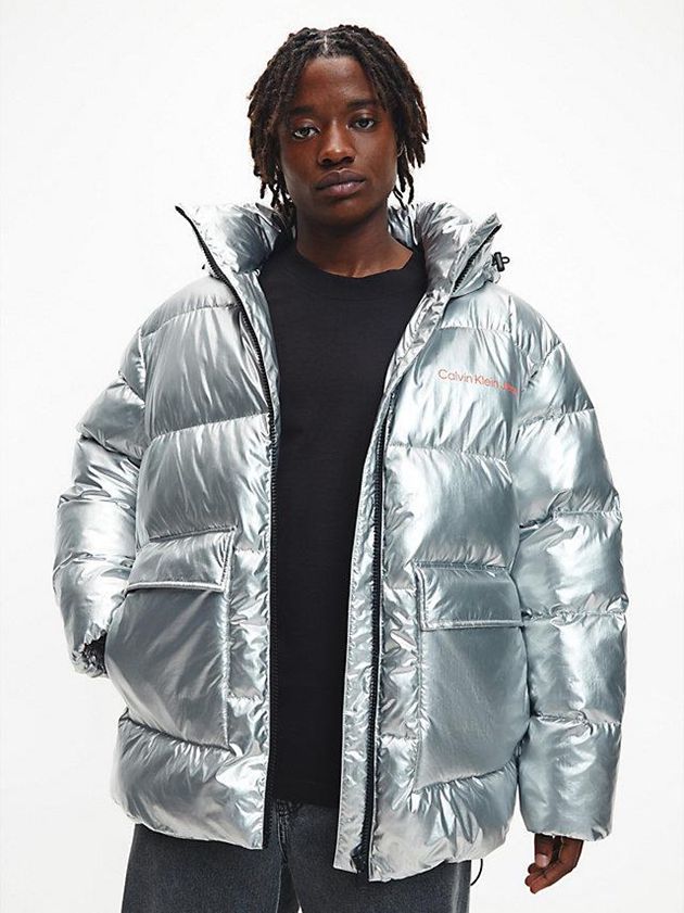 Silver Calvin Klein Unisex Recycled Metallic Puffer Men Jacket | TJPI-39581