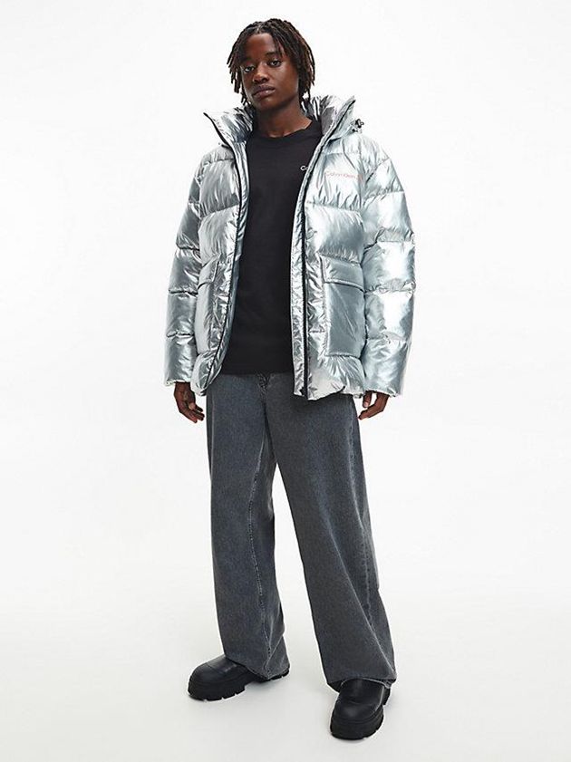 Silver Calvin Klein Unisex Recycled Metallic Puffer Men Jacket | TJPI-39581