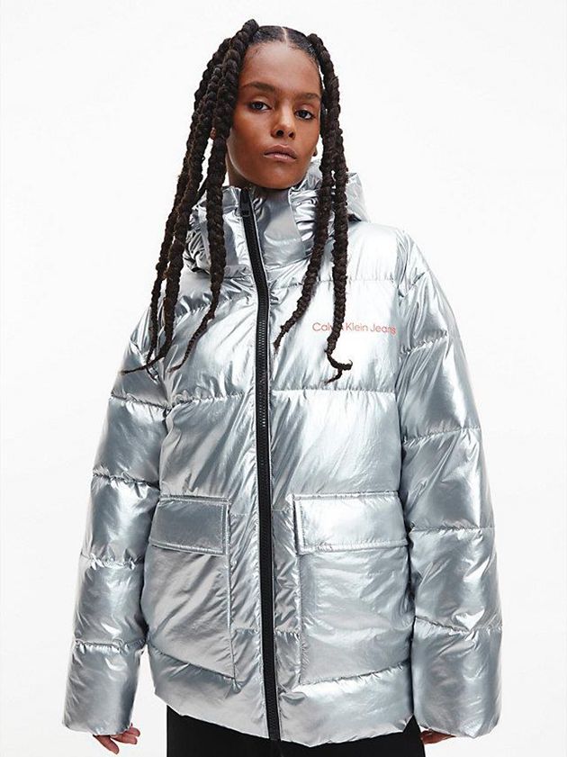 Silver Calvin Klein Unisex Recycled Metallic Puffer Men Jacket | TJPI-39581