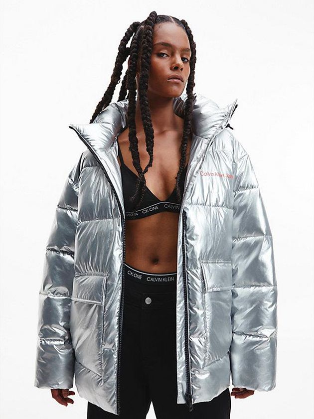 Silver Calvin Klein Unisex Recycled Metallic Puffer Men Jacket | TJPI-39581