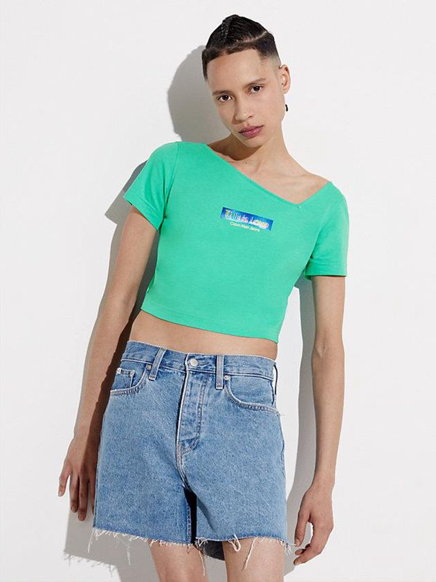 Turquoise Calvin Klein Slim Cropped - Pride Women T-Shirt | GFDI-85196