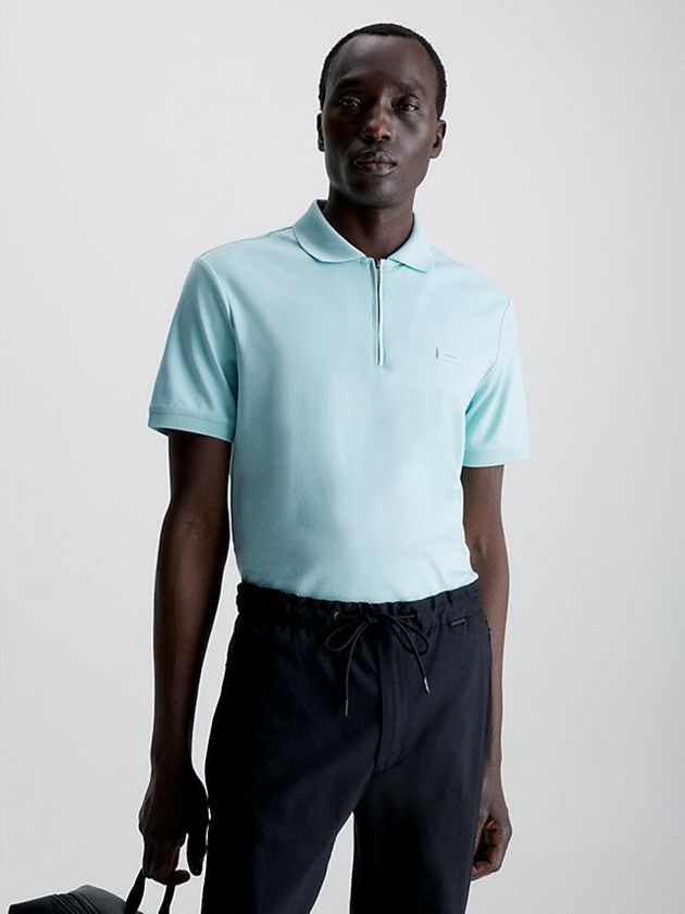 Turquoise Calvin Klein Welt Zip Men Polo Shirt | KQUO-45602