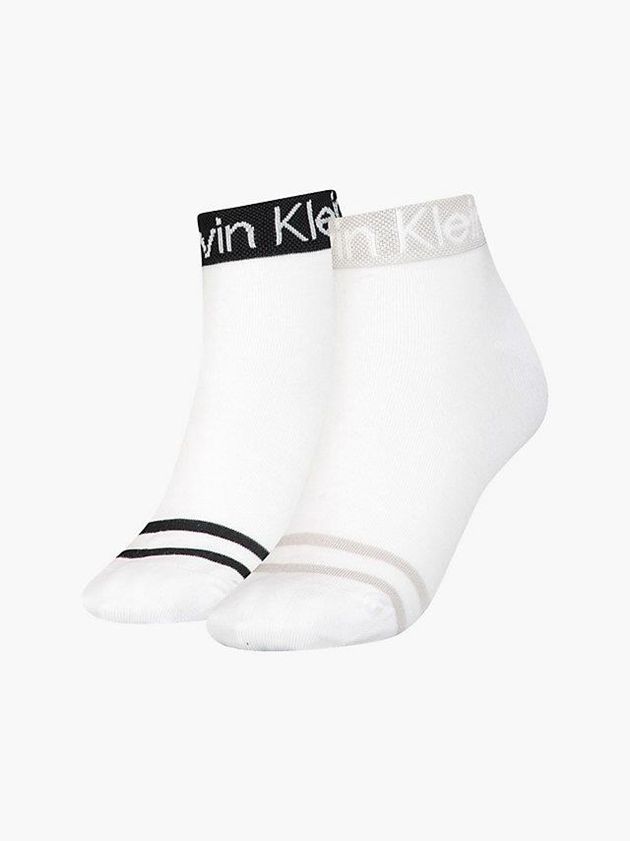 White Calvin Klein 2 Pack Logo Stripe Ankle Women Socks | LCED-76054