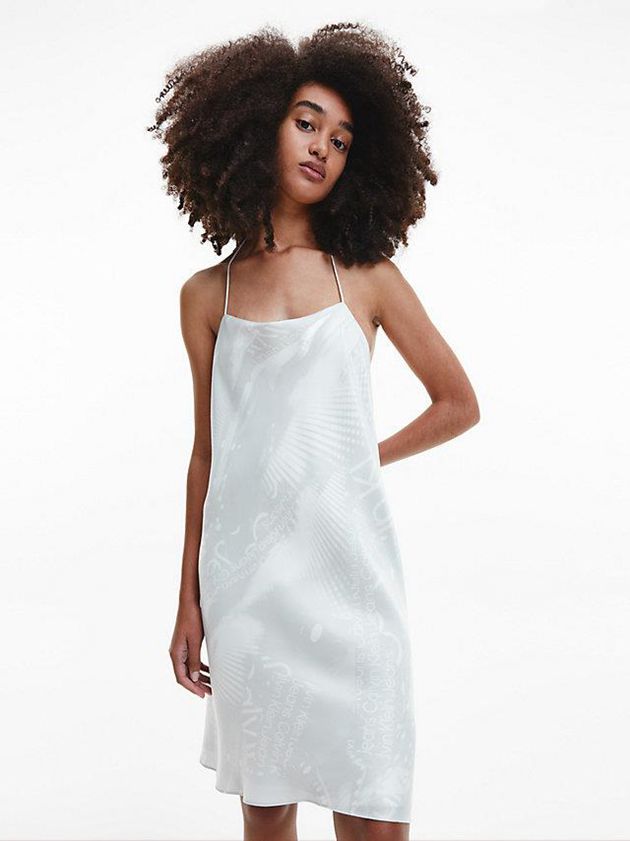 White Calvin Klein All-Over Printed Slip Women Dress | NVMP-62745