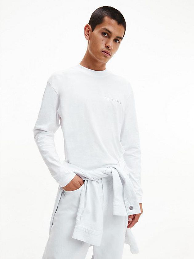White Calvin Klein Back Logo Long Sleeve Men T-Shirt | KDJY-89536