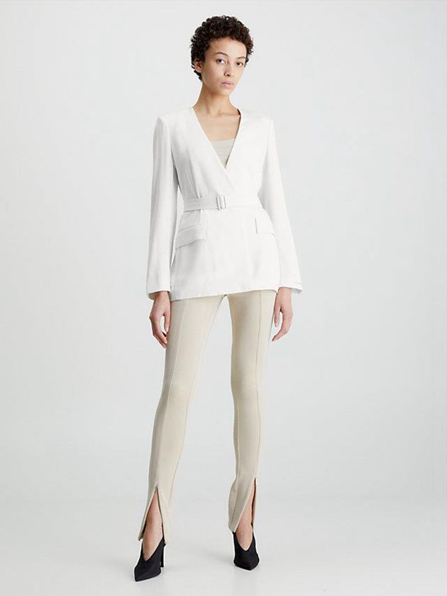 White Calvin Klein Belted Twill Blazer Women Jacket | FREG-30748