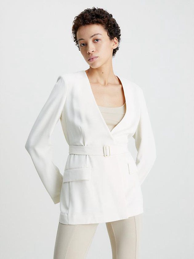 White Calvin Klein Belted Twill Blazer Women Jacket | FREG-30748