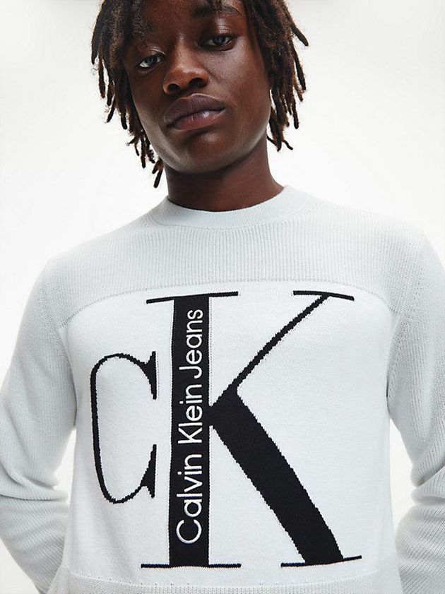 White Calvin Klein Colour Block Monogram Jumper Men Sweater | XWEG-82437
