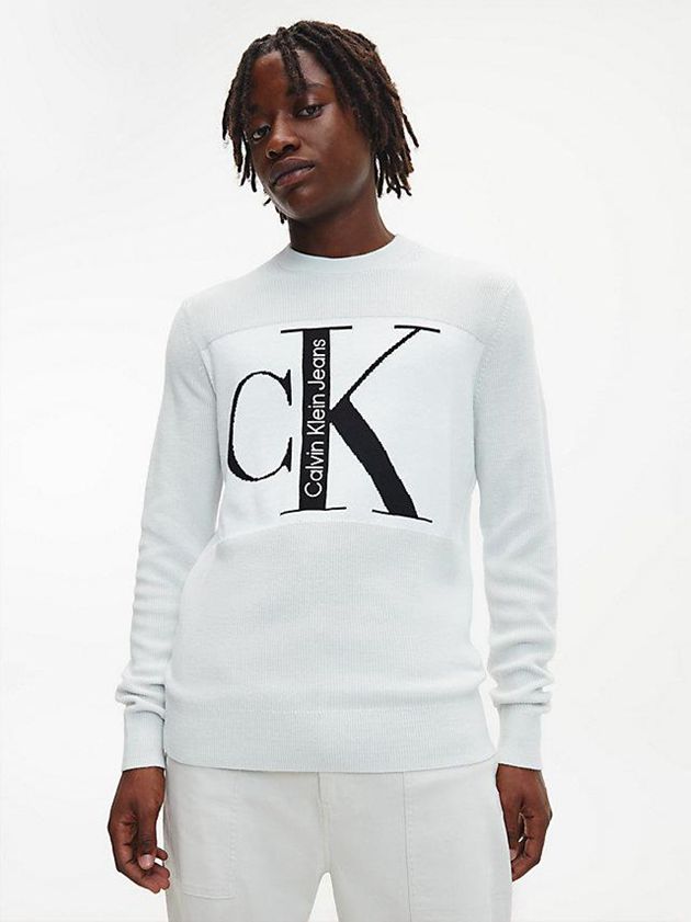 White Calvin Klein Colour Block Monogram Jumper Men Sweater | XWEG-82437