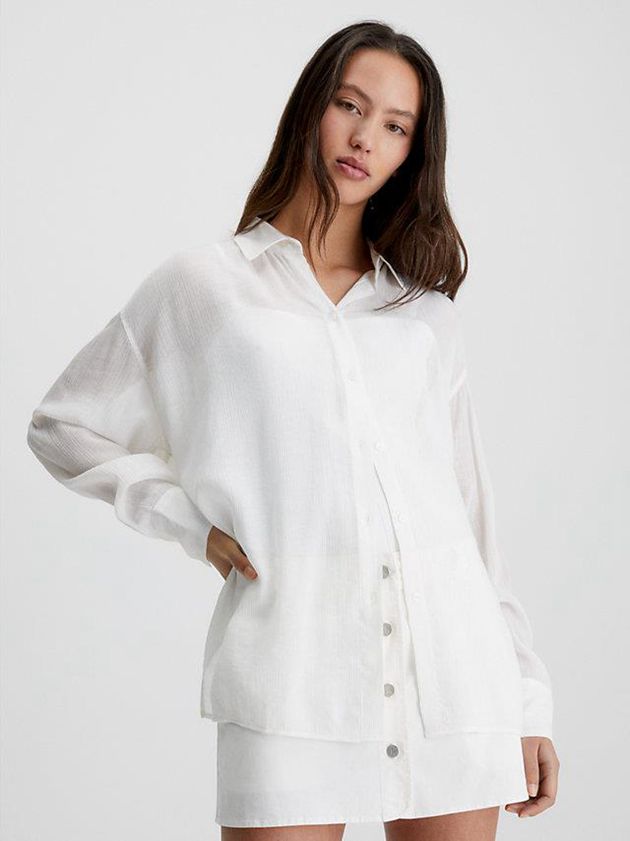 White Calvin Klein Crinkle Rayon Split Back Blouse Women Top | CGYX-40928