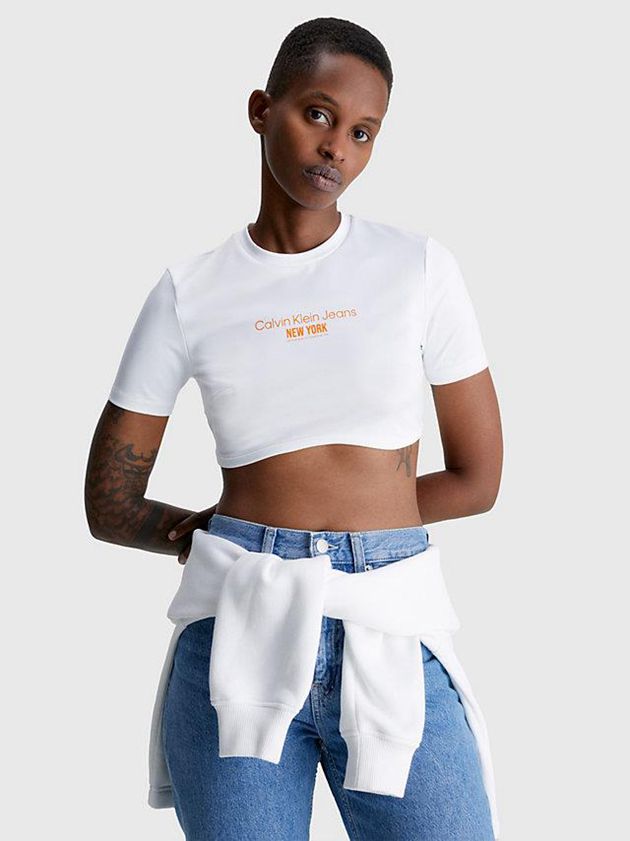 White Calvin Klein Cropped Bustier Women T-Shirt | UAVL-06784