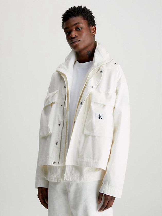 White Calvin Klein Cropped Cotton Twill Zip Up Men Jacket | OPIA-81402